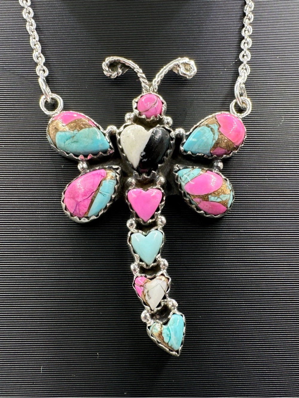 Cotton Candy Turquoise & White Buffalo Dragonfly Sterling Silver 925 Necklace